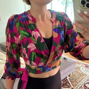 DVF Wrap Floral Silk Top V-Neck Cropped Blouse